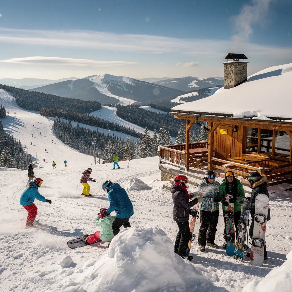 Jarní květiny v parku Petřín s výhledem na pražské panorama.